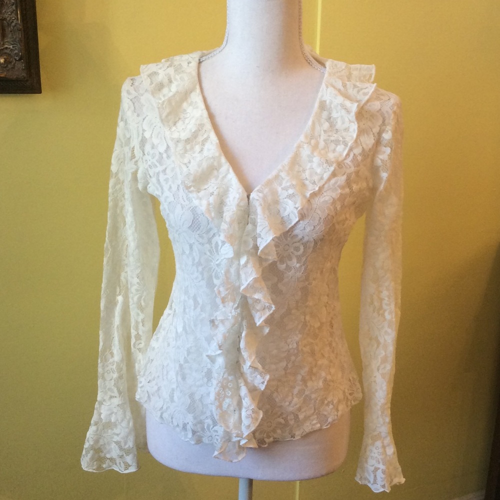 INC Beautiful Ivory Lace Long Sleeve Ruffled Jacket Size S - Picture 1 of 10